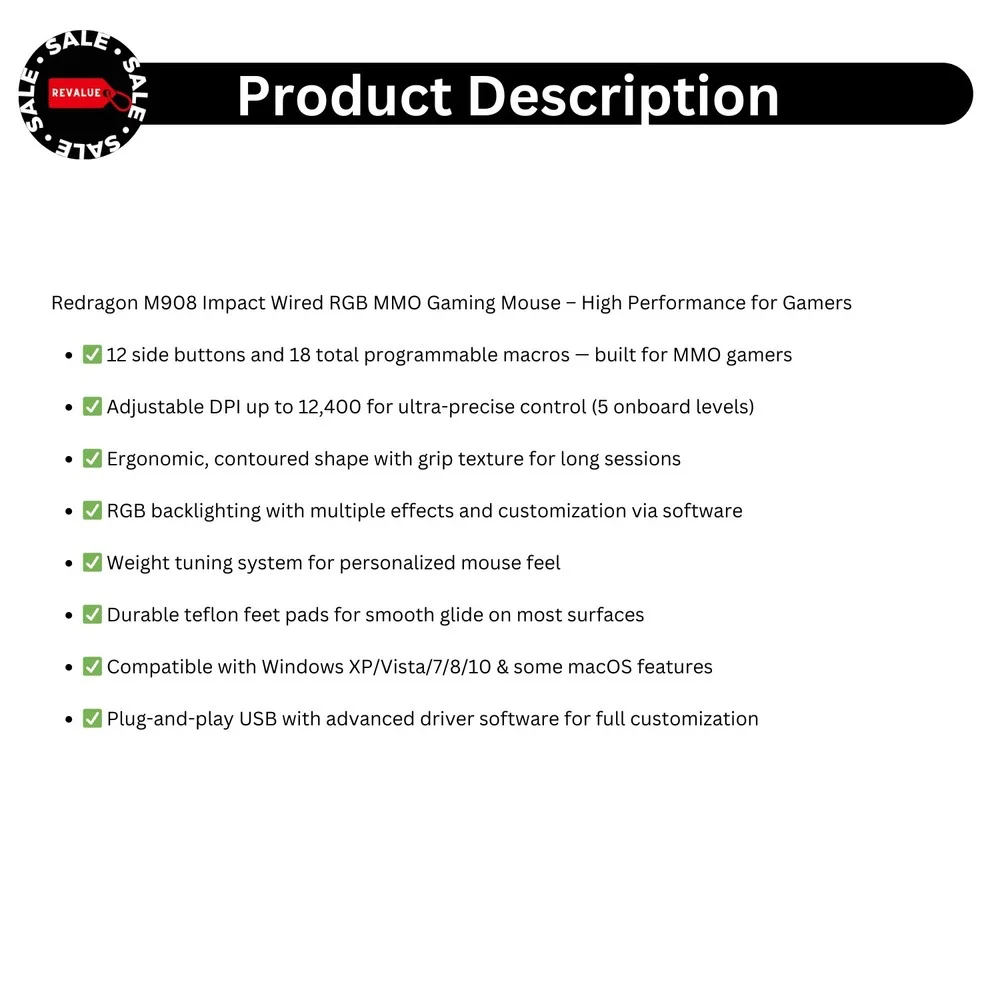 Redragon M908 RGB Wired MMO Gaming Mouse 12400DPI 12-Button Macro‎ USB PC